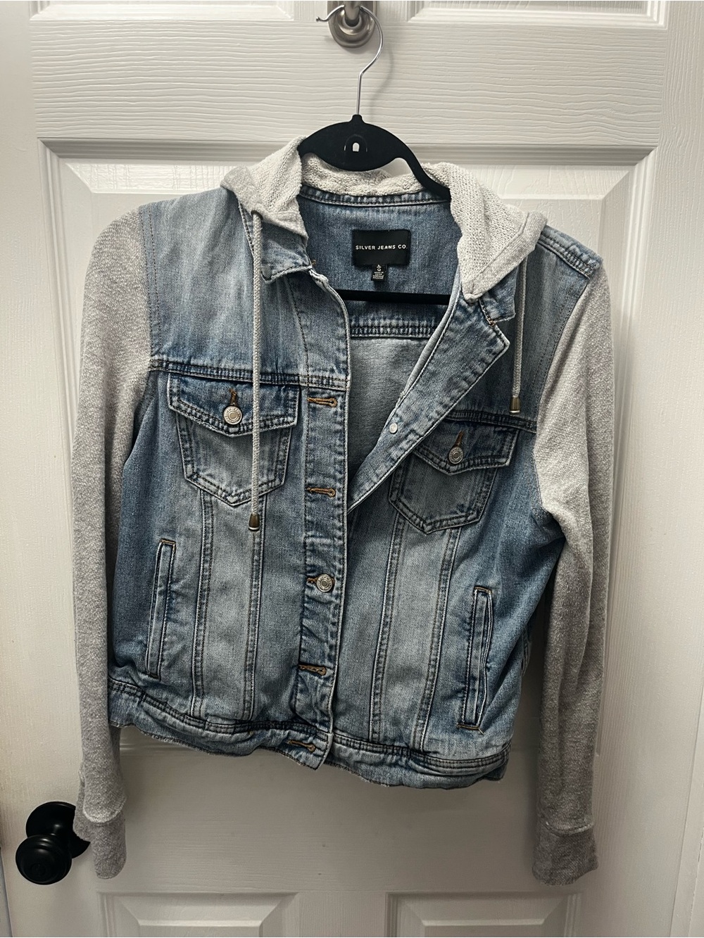Silver Jeans Blue Denim Jacket with Gray Hood and Sleeves